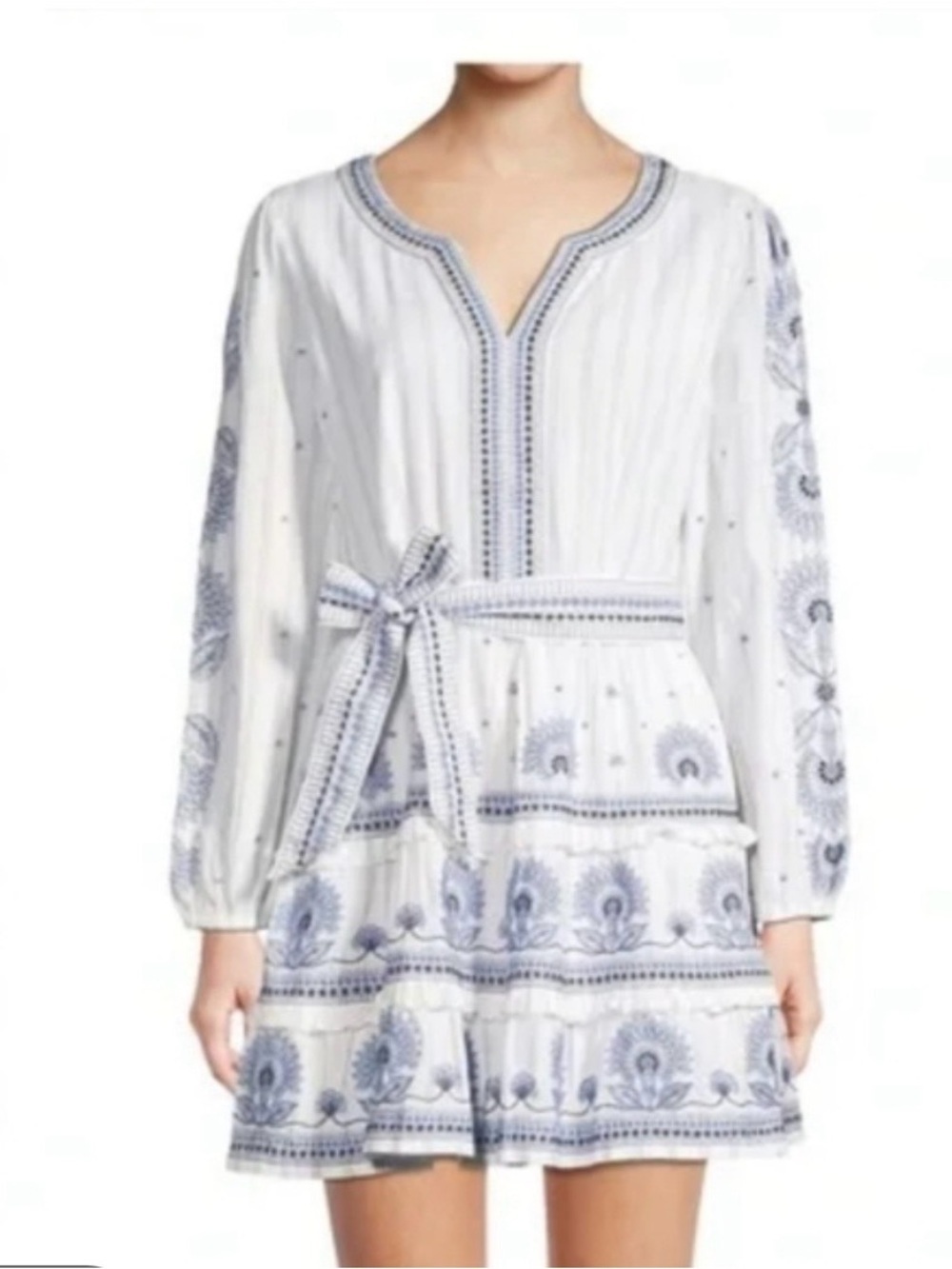Roller Rabbit White and Blue Embroidered Tiered Mini Dress size M
